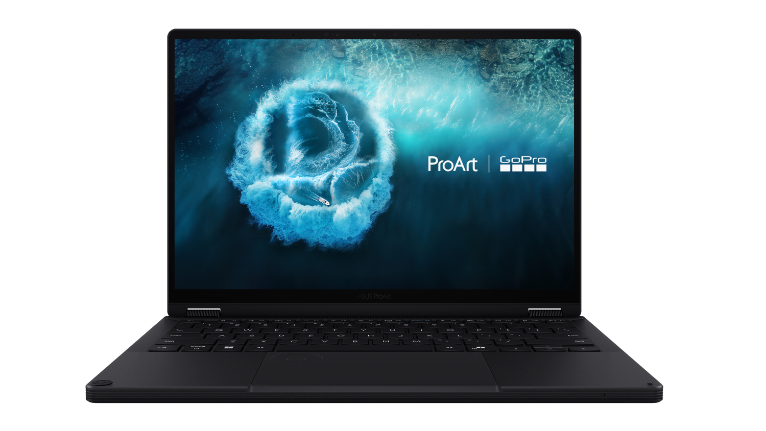 Front view of a black ASUS ProArt PX13 13.3" 2‑in‑1 laptop with an ocean wave graphic on the screen and ProArt and GoPro logos