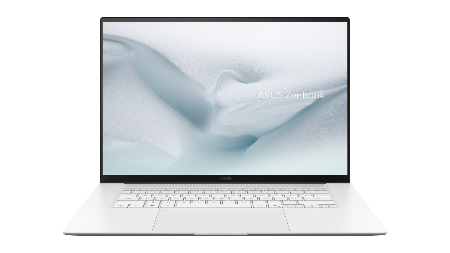 Front view of an open silver ASUS Zenbook S 16″ 2‑in‑1 laptop, showing a thin‑bezel display and full keyboard