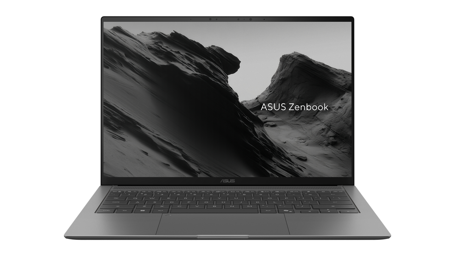 Front view of Asus Zenbook 14" Laptop open, showing a thin-bezel display with a black-and-white rock landscape wallpaper