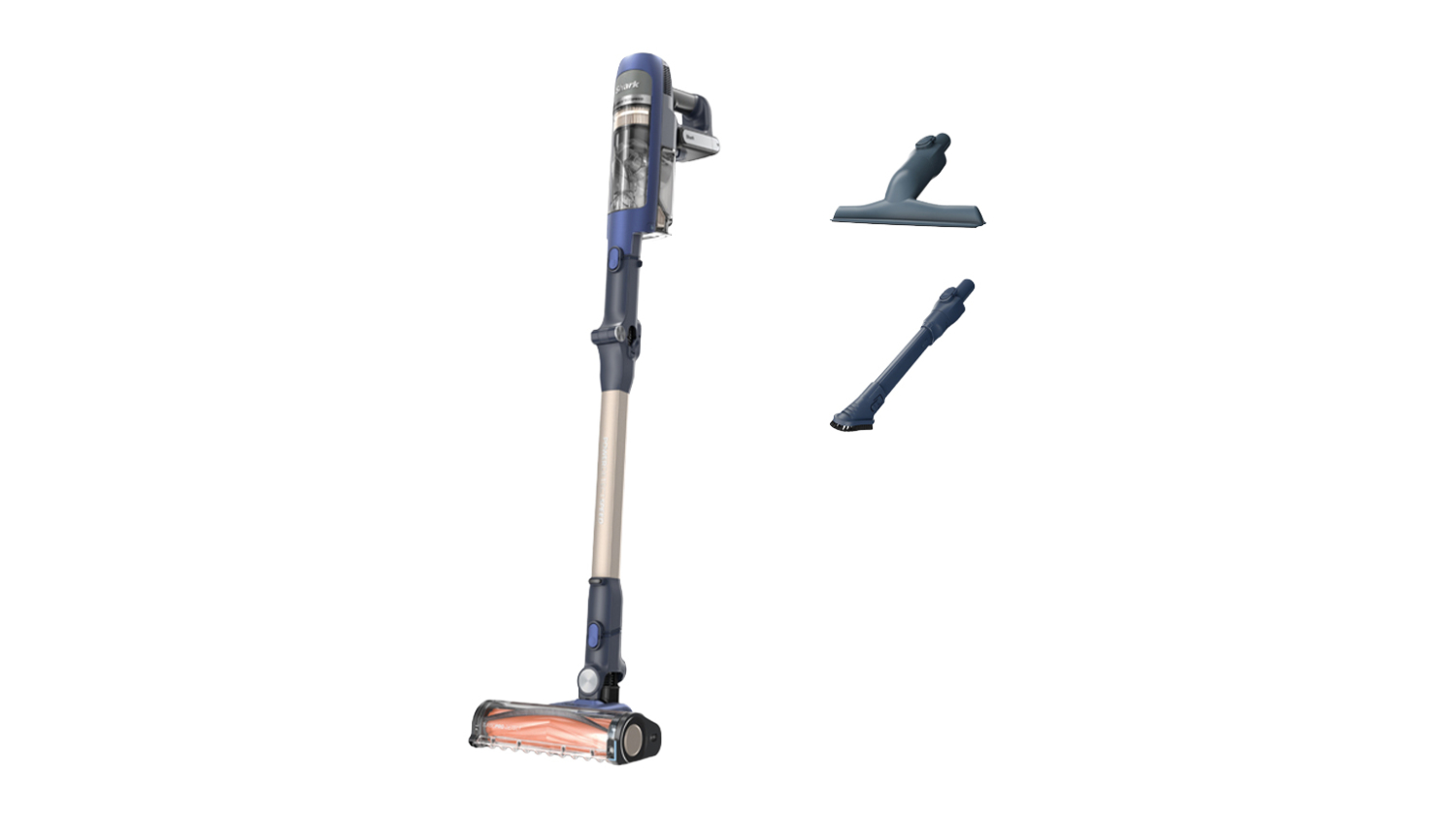 Shark cordless stick vacuum standing upright with the floor head attached, with two cleaning tools shown alongside