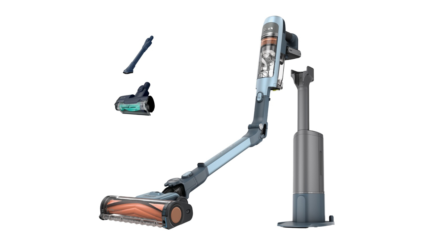 Shark PowerDetect Speed Cordless Handstick Vacuum Cleaner with floor head, motor, auto‑empty dock, and two cleaning attachments
