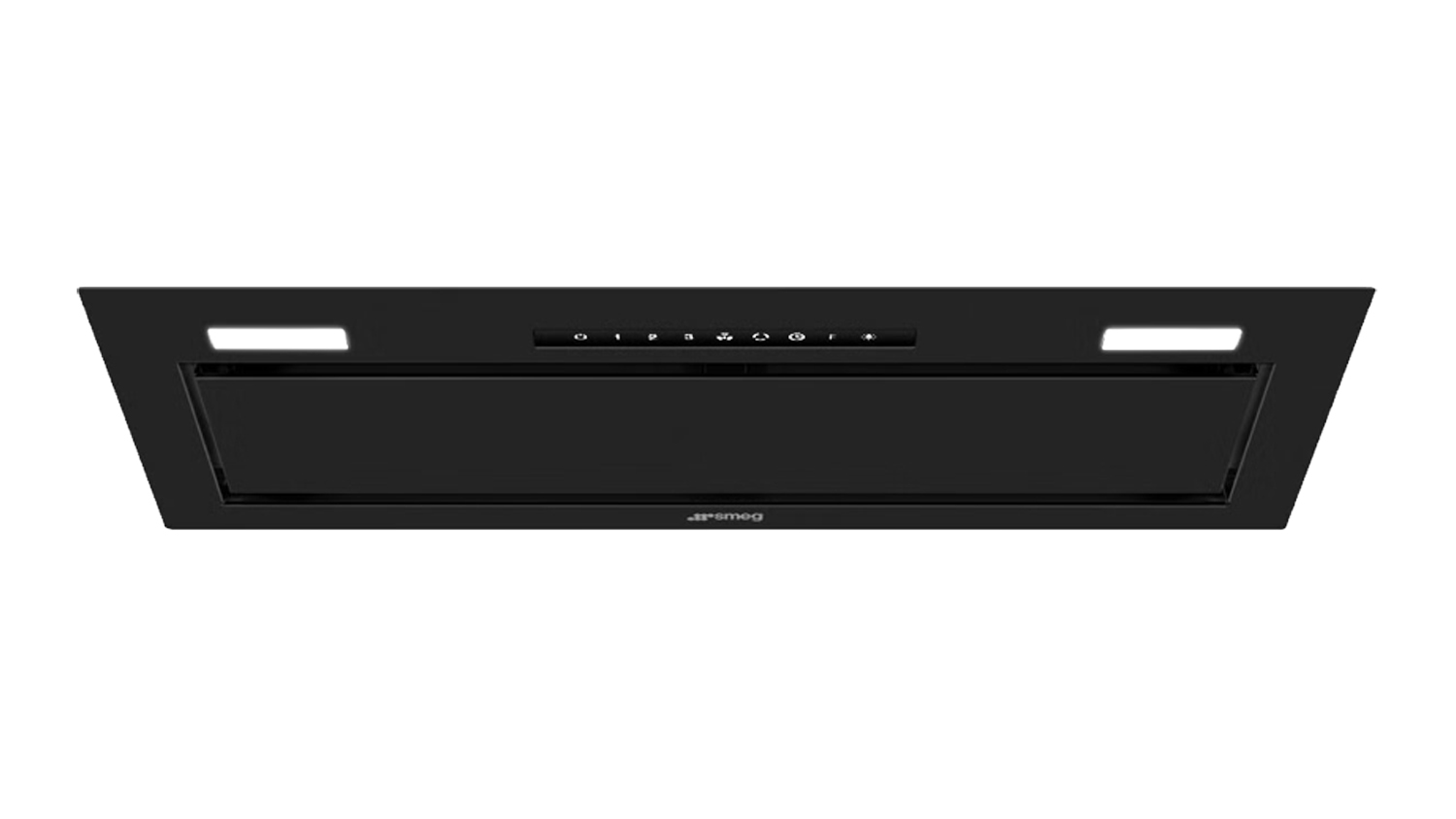 Black Smeg 90cm undermount integrated rangehood featuring slim design, touch controls, and dual LED lights