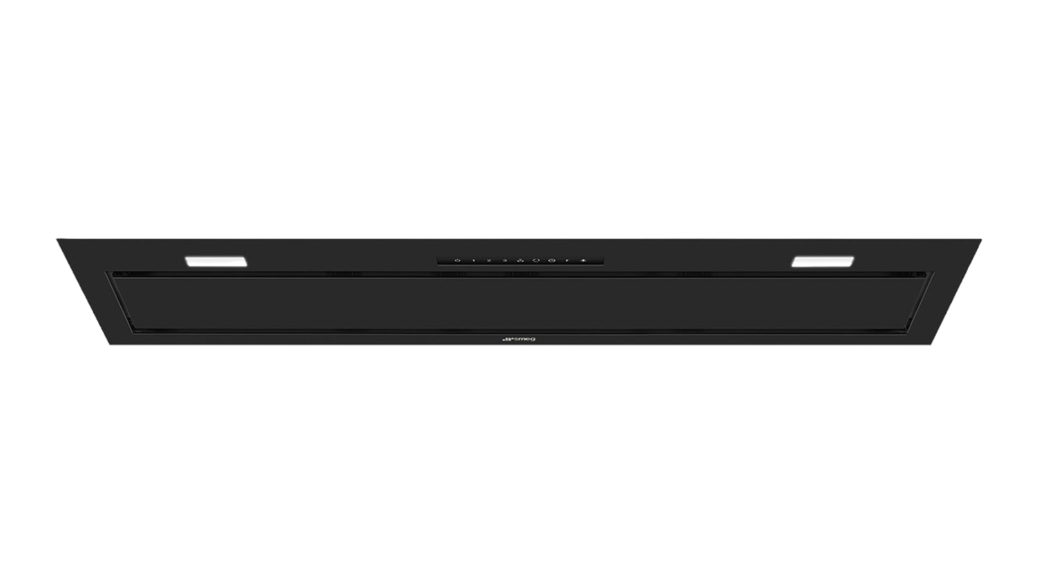 Black Smeg 90cm undermount rangehood with built‑in LED lights, slim integrated design, and touch control panel
