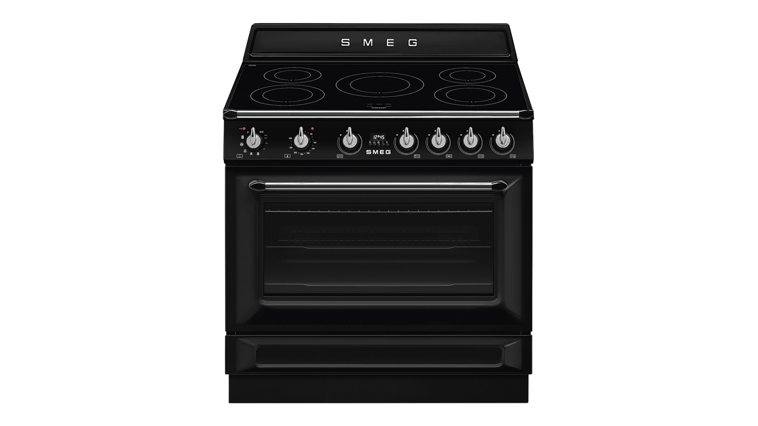 Black Smeg 90cm freestanding oven with five‑zone induction cooktop, chrome knobs, digital display, and sleek black finish