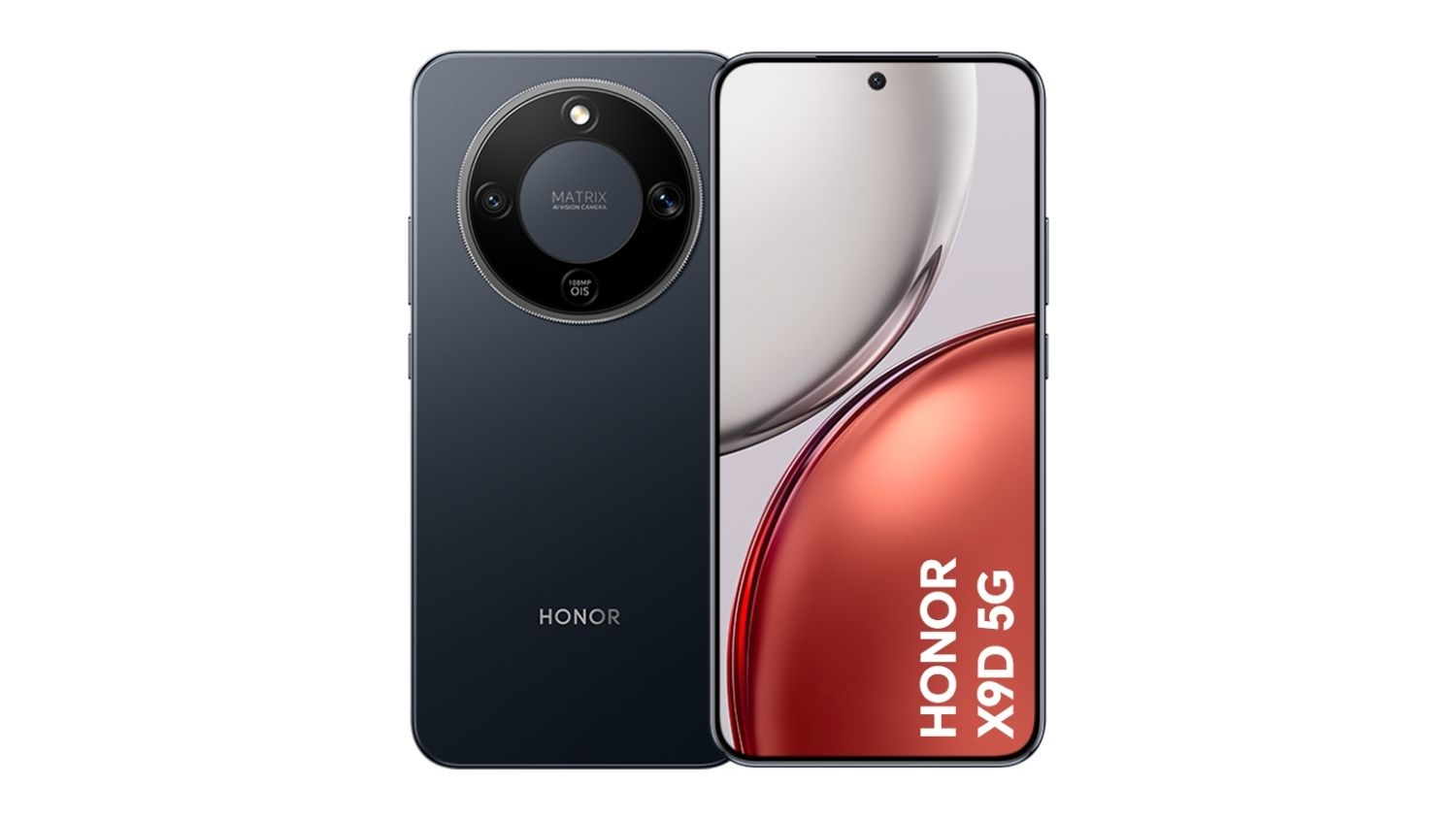 HONOR X9d 5G shown front and back, highlighting full display and circular rear camera module with Matrix AI Vision branding