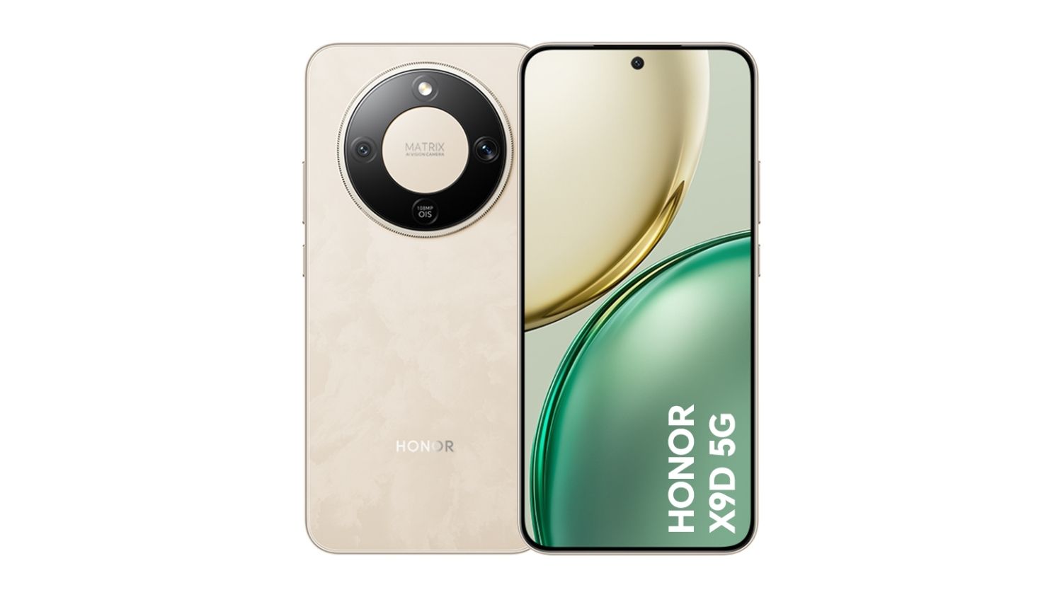 Front and back views of the HONOR X9d 5G in gold finish, featuring a large circular Matrix AI camera and a slim full display