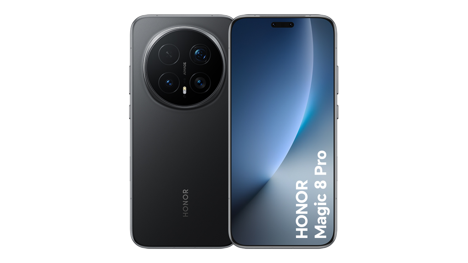 Back and front view of the HONOR Magic 8 Pro in black, featuring a large circular rear camera module and edge‑to‑edge display