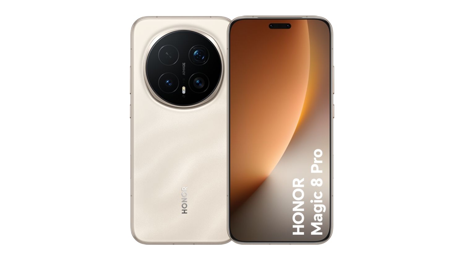 Back and front view of the HONOR Magic 8 Pro in sunrise, featuring a large circular rear camera module and edge‑to‑edge display