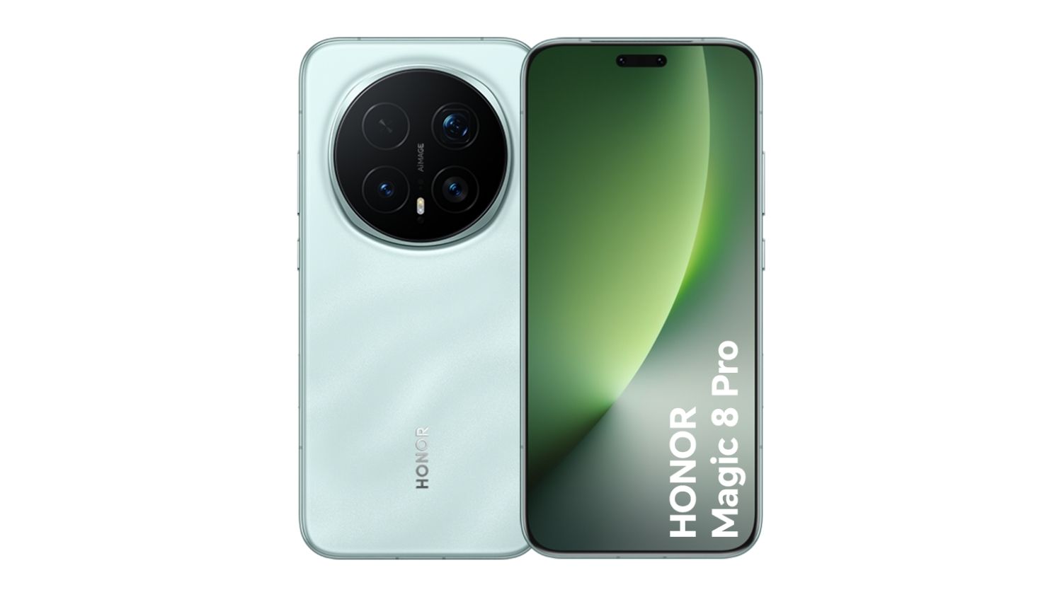 Back and front view of the HONOR Magic 8 Pro in sky cyan, featuring a large circular rear camera module and edge‑to‑edge display