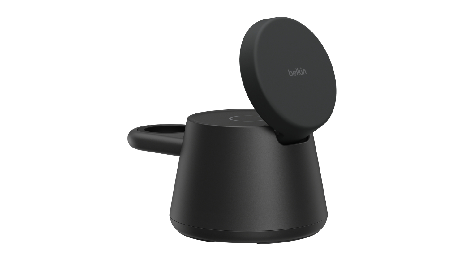 Black Belkin wireless charging dock with a round magnetic phone stand and side ring for a smartwatch