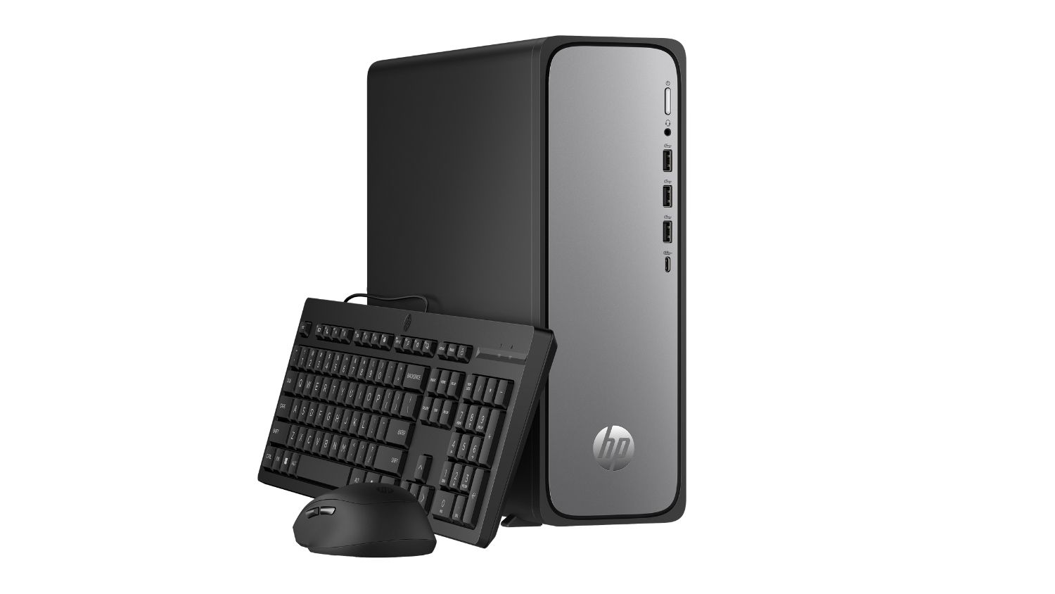 HP slim desktop PC with keyboard and mouse, featuring a compact black tower design with a silver front panel and front USB port