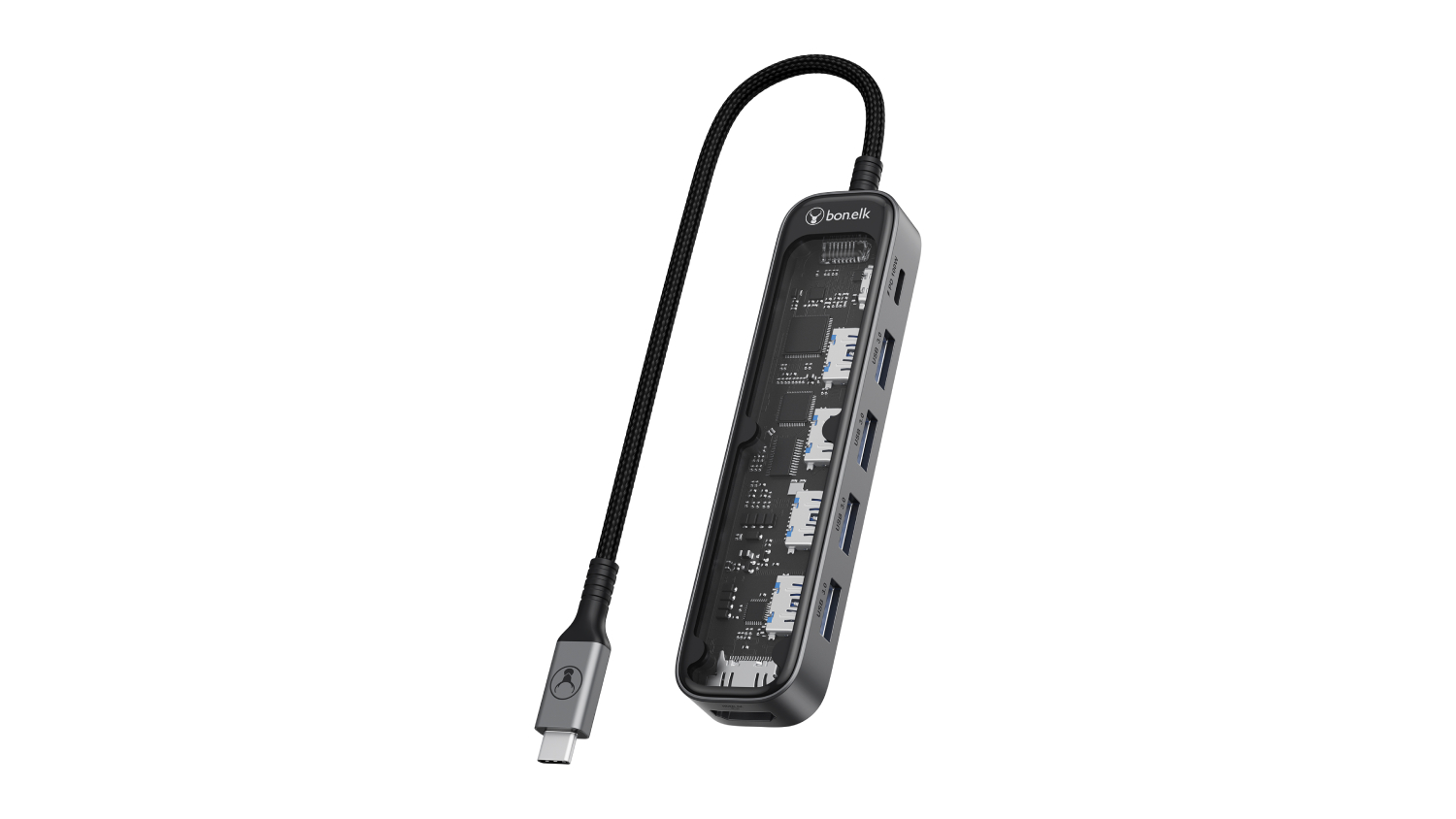 Bon.Elk Vision Long-Life USB-C  with braided cable and transparent case showing internal circuitry