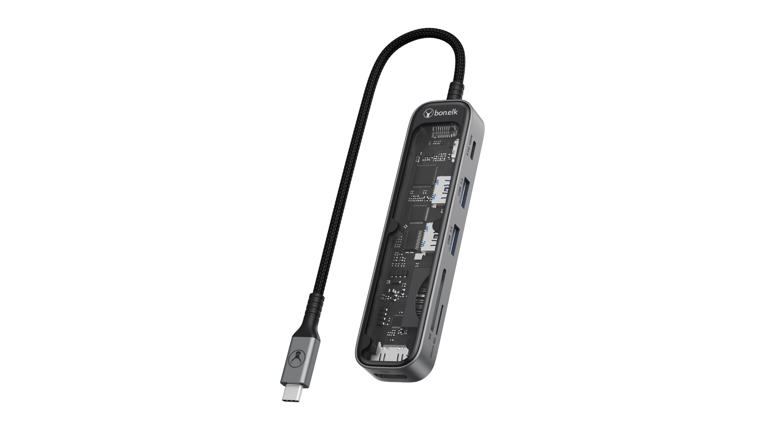 Bon.Elk Vision long-life USB-C hub with a braided cable and a transparent casing that reveals internal components and multiple ports