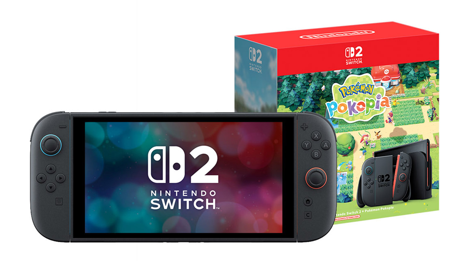 Nintendo Switch 2 console with Joy‑Cons beside a Pokémon‑themed bundle box