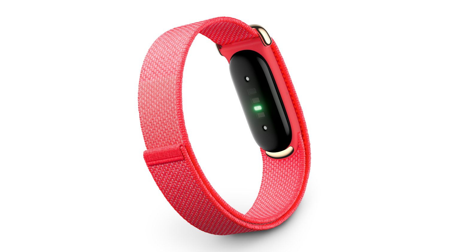 Close-up of a red woven Fitbit Air fitness tracker band with gold hardware and a black sensor underside