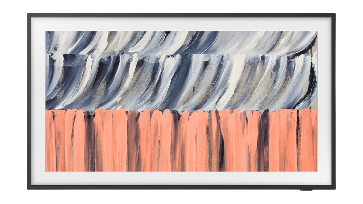 ​A front view of Samsung The Frame TV displaying abstract artwork in blue, grey, and coral tones with a slim black bezel