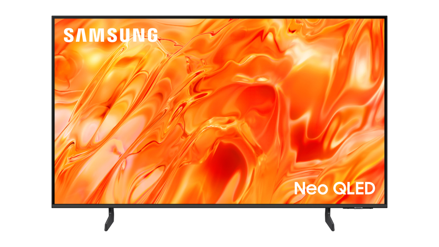 Front view of the Samsung 50" QN70H Smart 4K Neo QLED Mini-LED AI TV, showing a vivid orange abstract screen with a slim black frame and stand