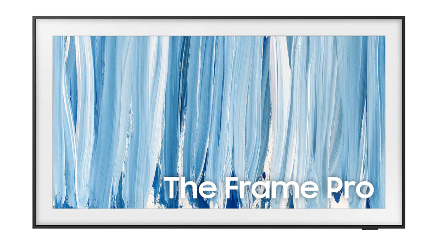 Samsung 75" LS03HW The Frame TV displaying blue abstract art with “The Frame Pro” text on screen