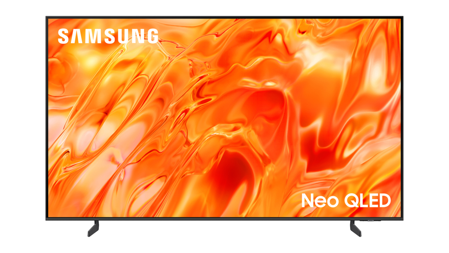 Front view of the Samsung 55" QN70H Smart 4K Neo QLED Mini-LED AI TV, showing a vivid orange abstract screen with a slim black frame and stand