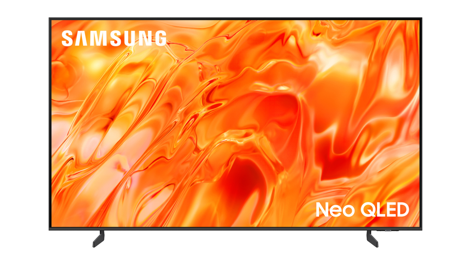 Front view of the Samsung 65" QN70H Smart 4K Neo QLED Mini-LED AI TV, showing a vivid orange abstract screen with a slim black frame and stand