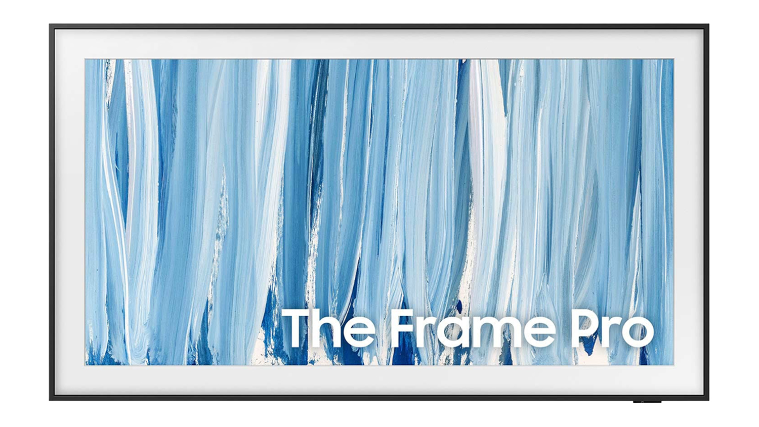 A front view of Samsung’s The Frame Pro TV displaying blue abstract artwork, a slim black bezel, and an art‑inspired picture frame design