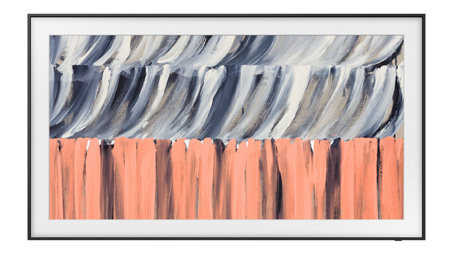 A front view of Samsung The Frame TV displaying abstract artwork in blue, grey, and coral tones with a slim black bezel