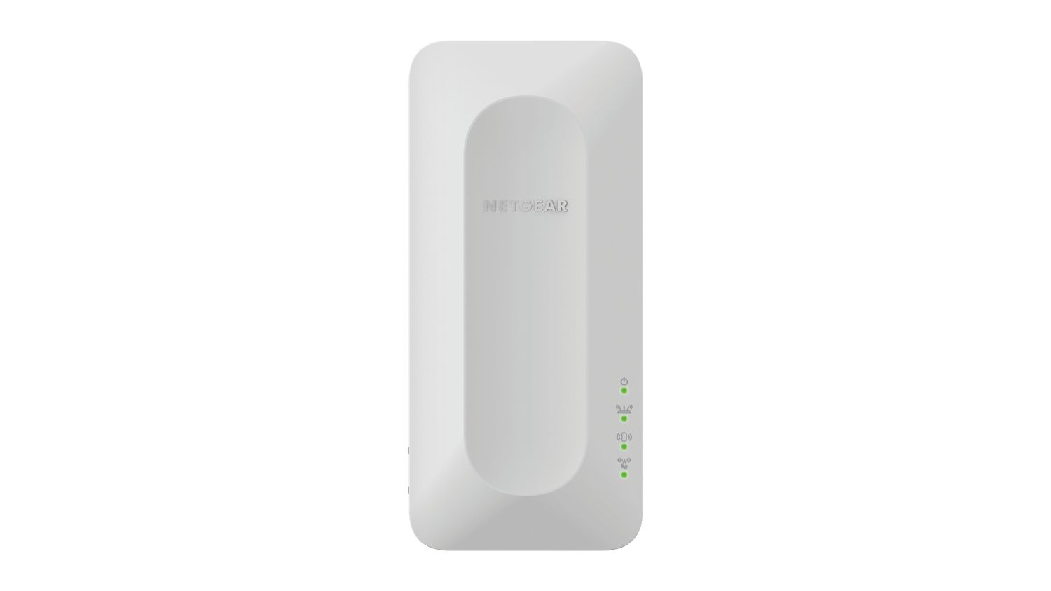 A front view of Netgear EAX12 AX1600 Wi‑Fi 6 mesh range extender with LED status indicators and compact white wall‑plug design