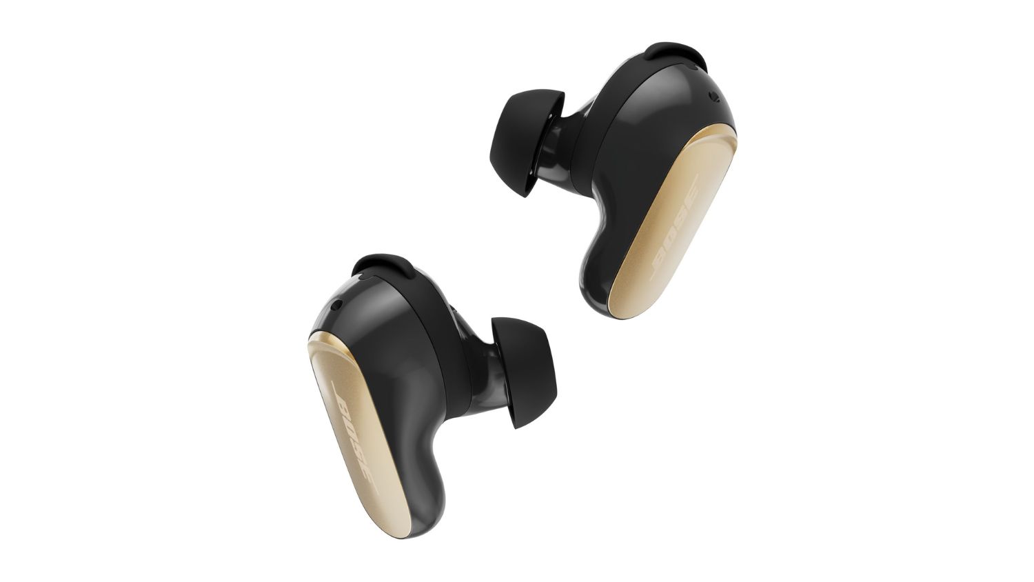 Angled view of the Bose QuietComfort Ultra (2nd Gen) Active Noise Cancelling True Wireless In-Ear Headphones in gold and black colour