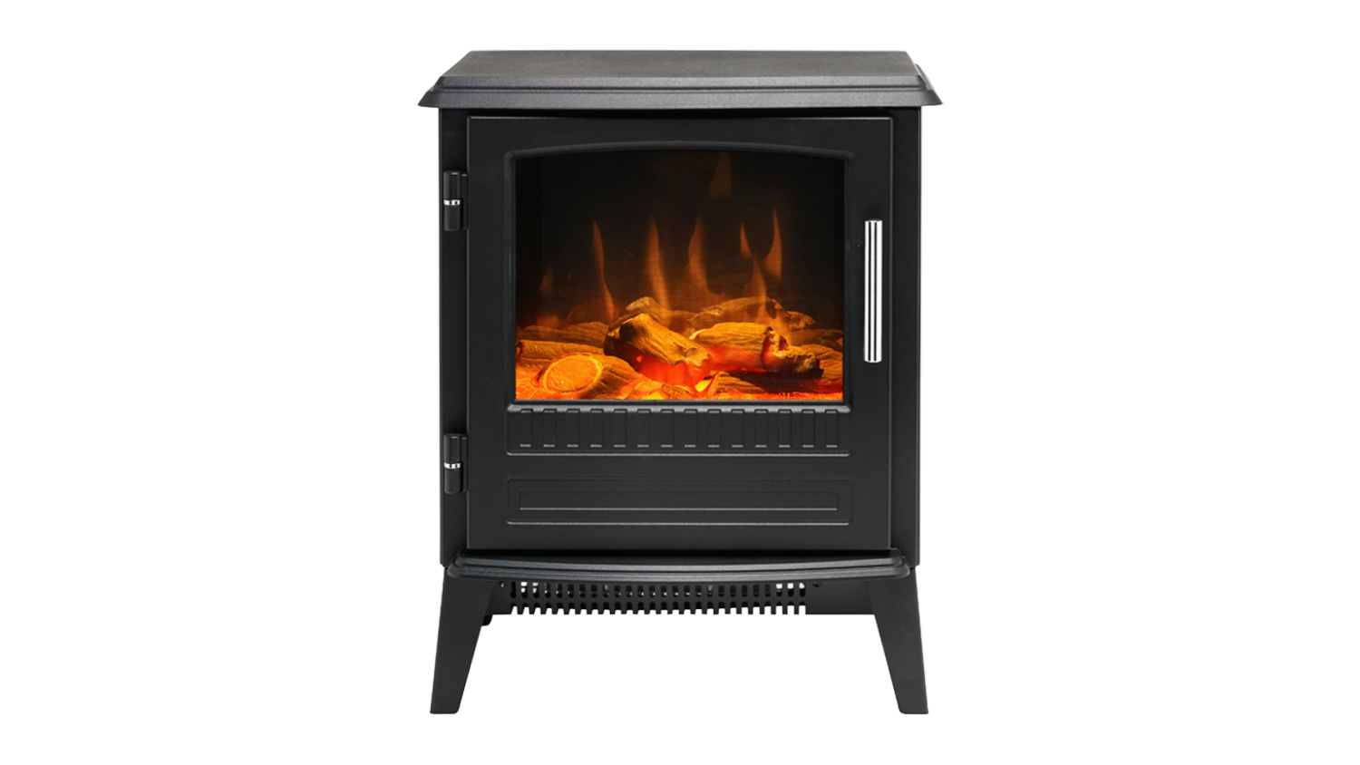 Black freestanding Dimplex Bari 2kW portable electric fireplace with a glass door showing glowing logs and flames inside, on short legs