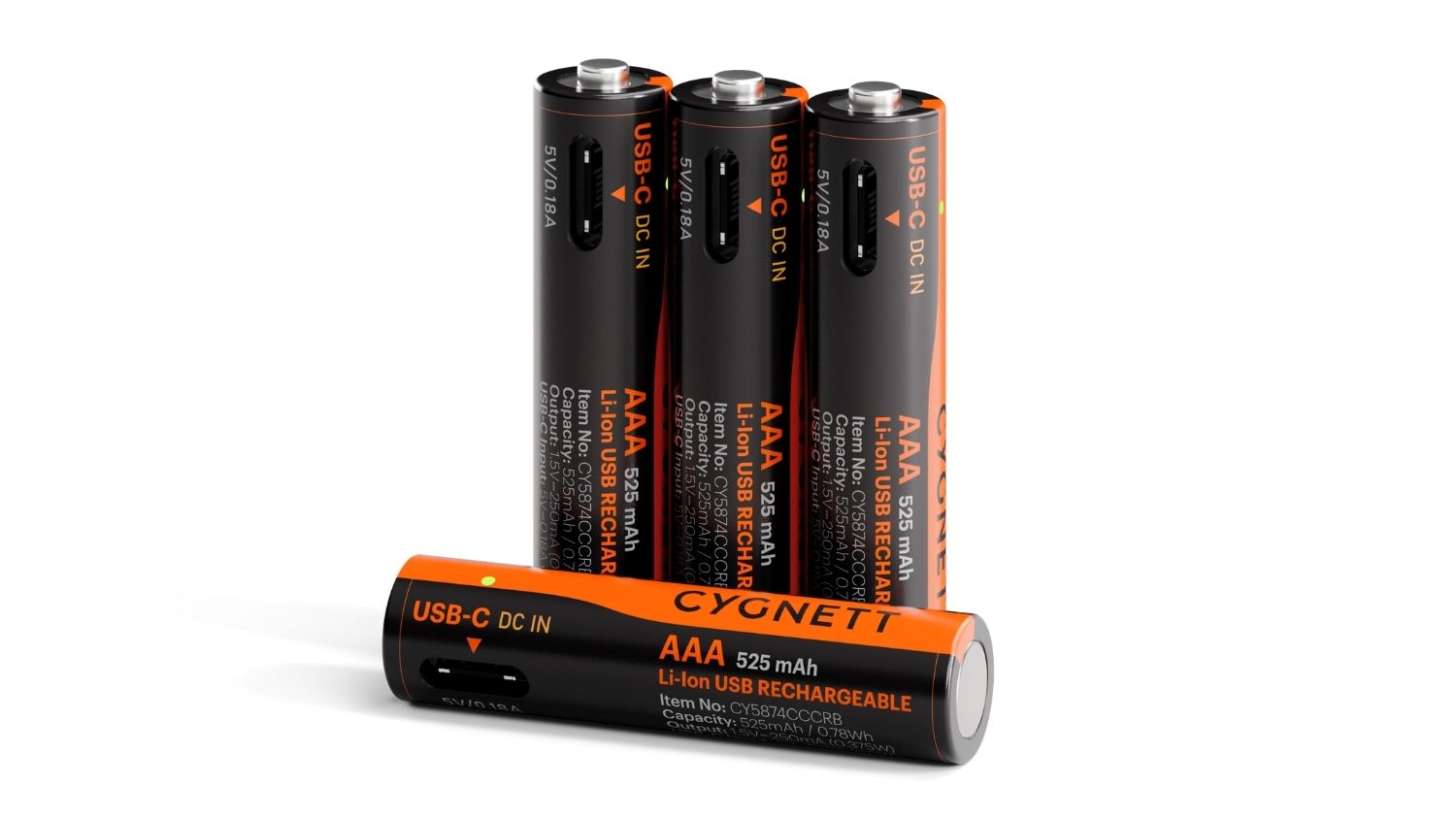 A close‑up view of the Cygnett AAA USB‑C rechargeable battery showing built‑in USB‑C port, LED indicator, and 525 mAh capacity label