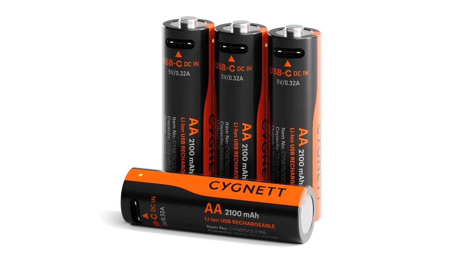 A close‑up view of the Cygnett AA USB‑C rechargeable battery showing built‑in USB‑C port, LED indicator, and 525 mAh capacity label
