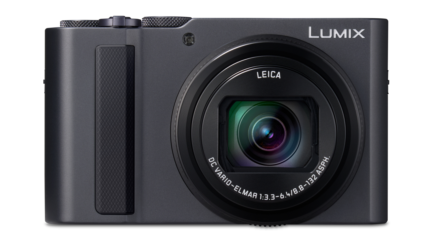 Front view of a black Panasonic Lumix TZ300 premium travel zoom digital compact camera with a Leica lens