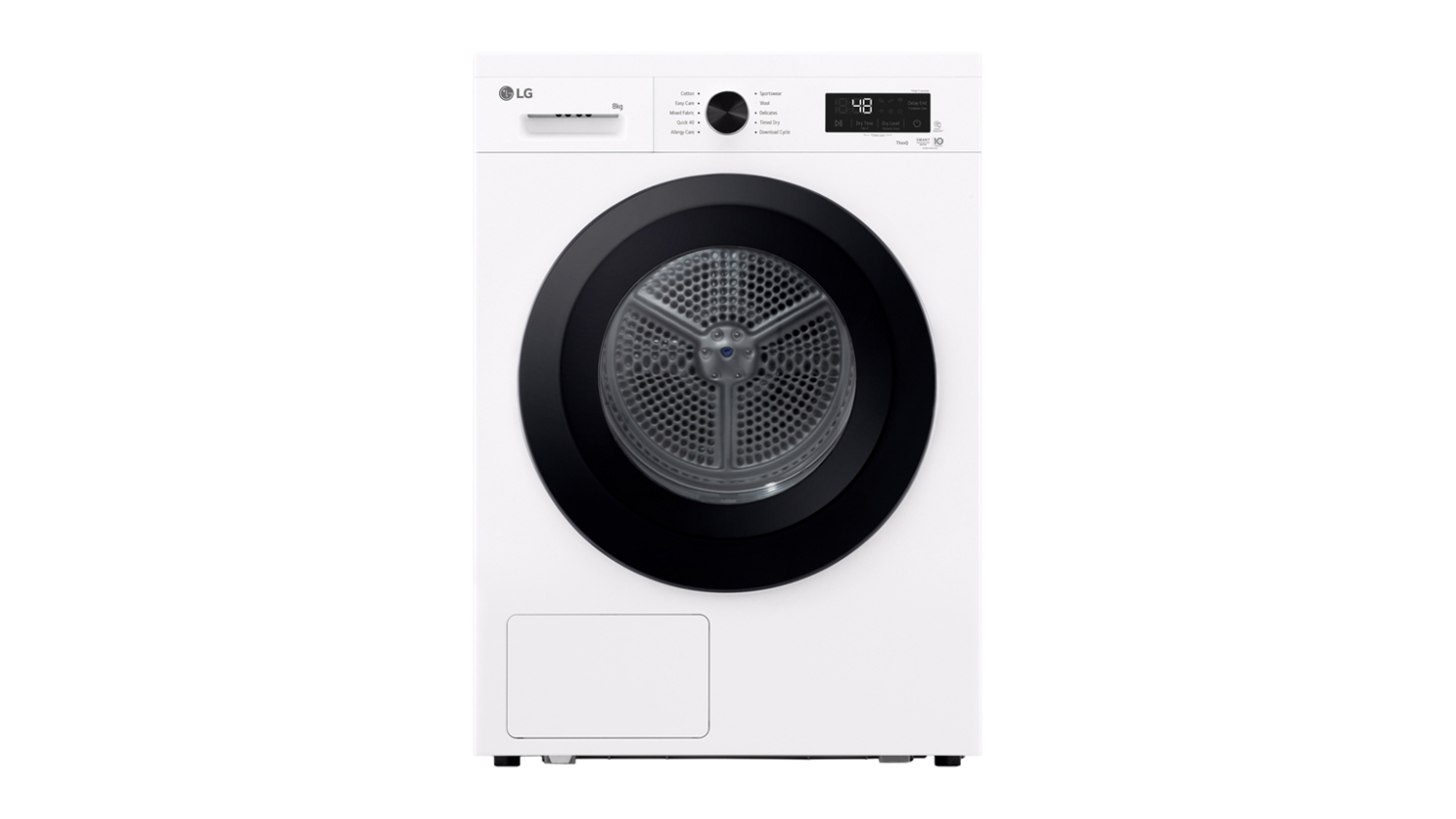 Front view of a white LG Series 1 8kg heat pump dryer with a black circular door and top control panel