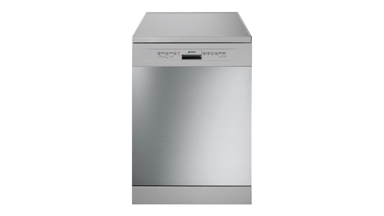 A front view of the Smeg freestanding dishwasher with stainless steel finish and front control panel