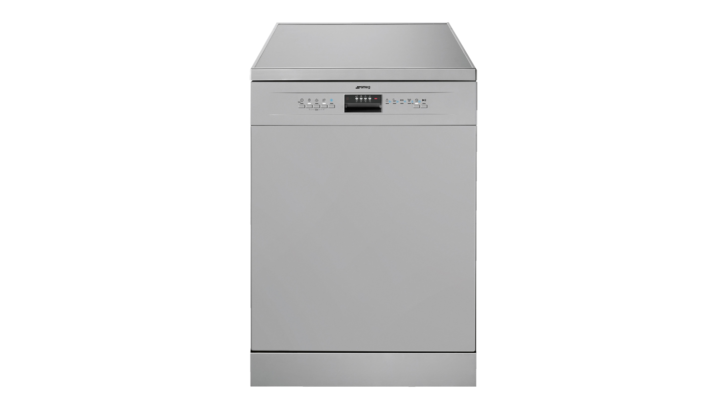 A front view of the Smeg freestanding dishwasher with stainless steel finish and front control panel