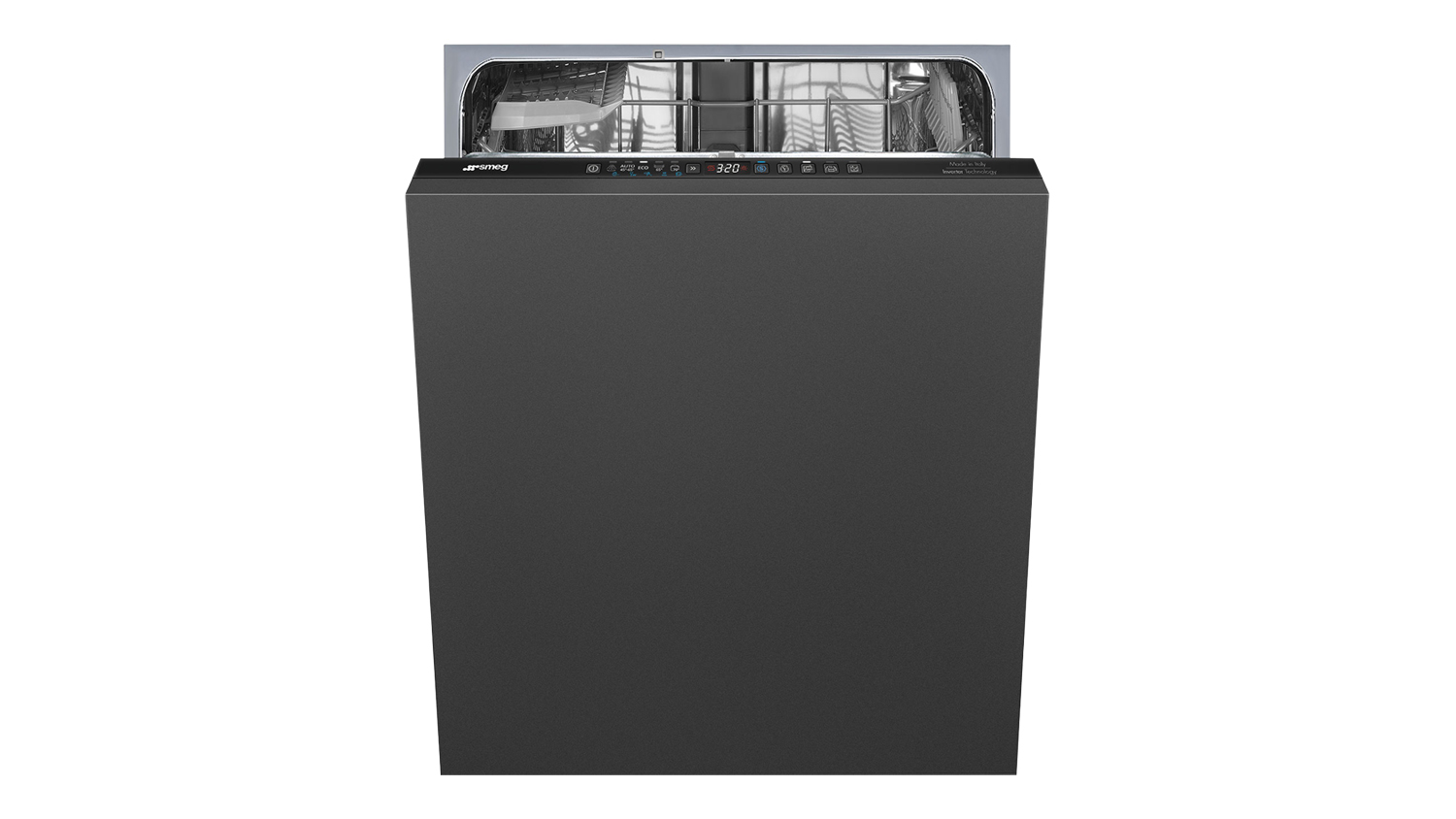 A front view of a black built‑in dishwasher with an integrated control panel on the top edge and a sleek, handle‑free door design