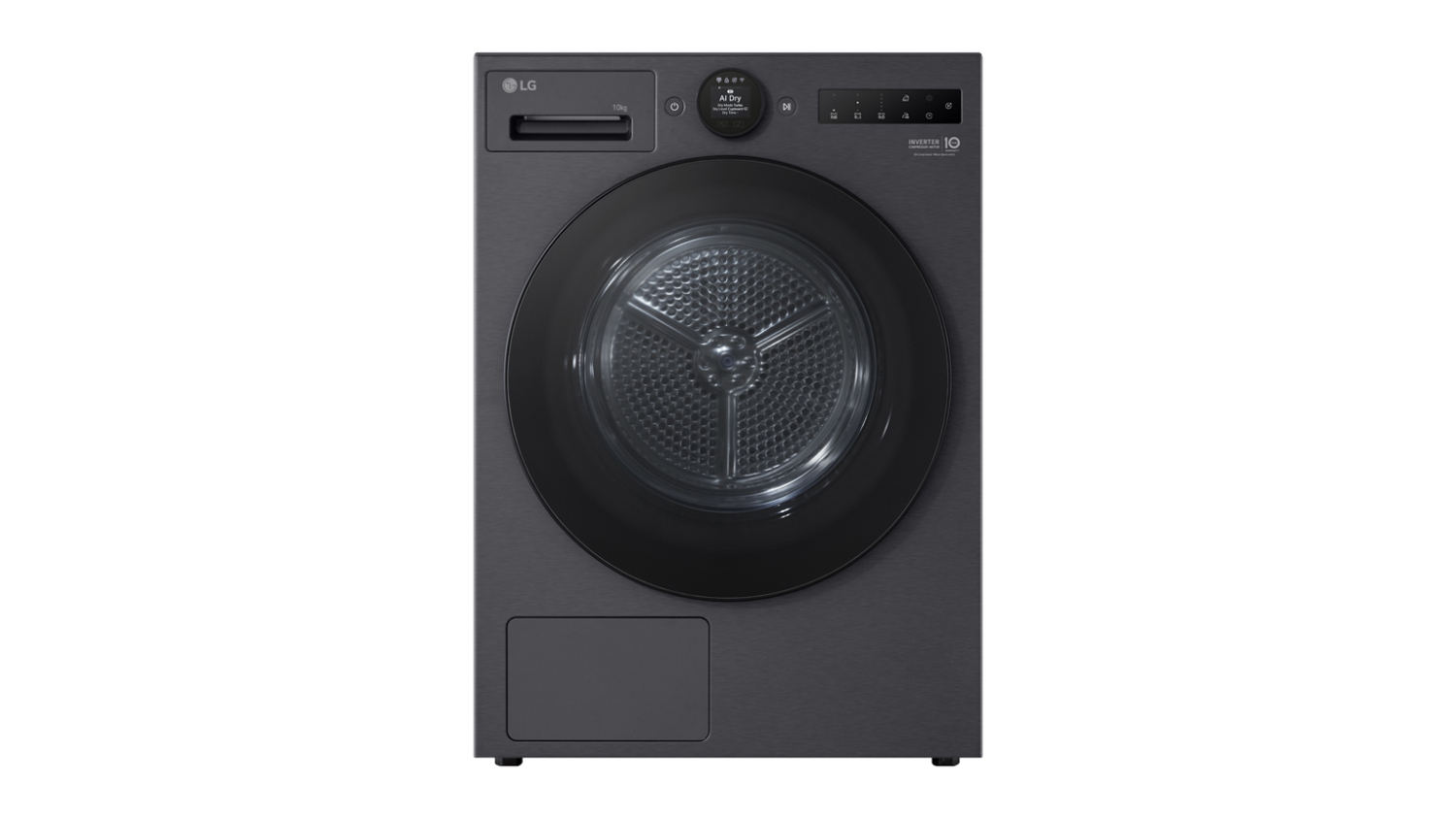 Front view of a dark grey LG Series 9 10kg heat pump dryer with a circular glass door and digital control panel