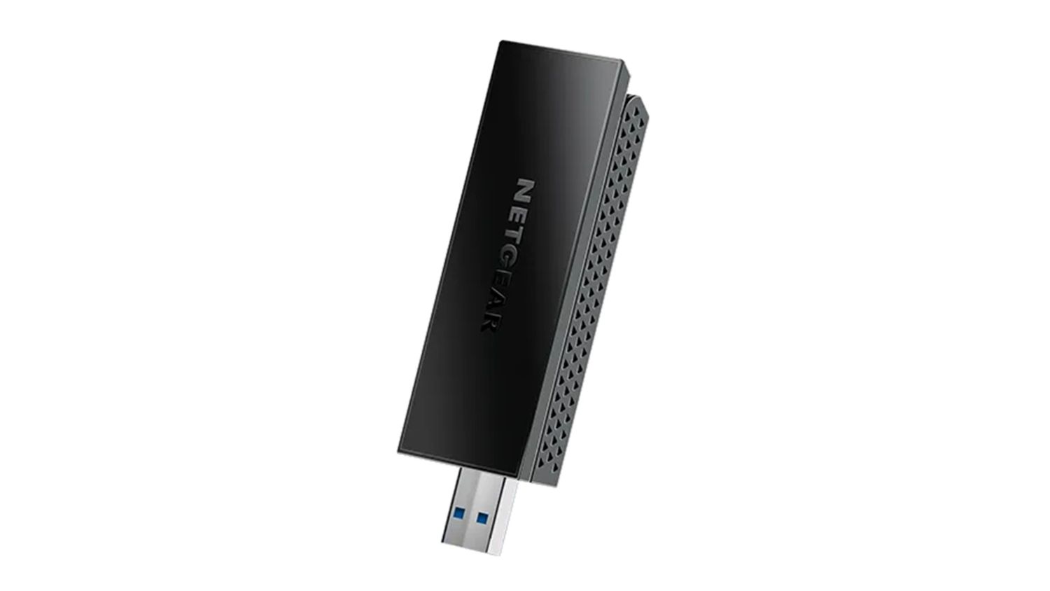 An angled view of the Netgear A7500 Nighthawk AC1800 Wi‑Fi USB‑A adapter, highlighting its compact design and adjustable antenna