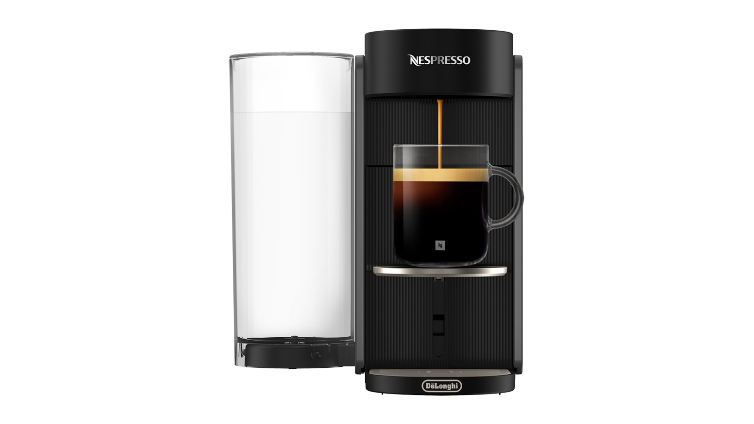 A black Nespresso De'Longhi VertuoPlus Solo capsule espresso machine brewing espresso into a glass mug, with the water tank attached on the left