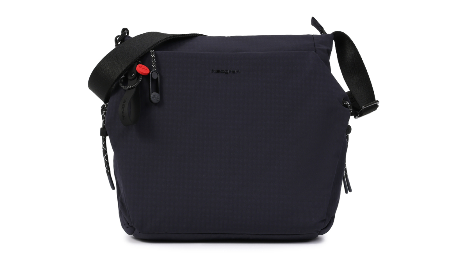 Front view of a dark blue Hedgren "Makoto" Crossbody Bag with adjustable strap and small clip accessories