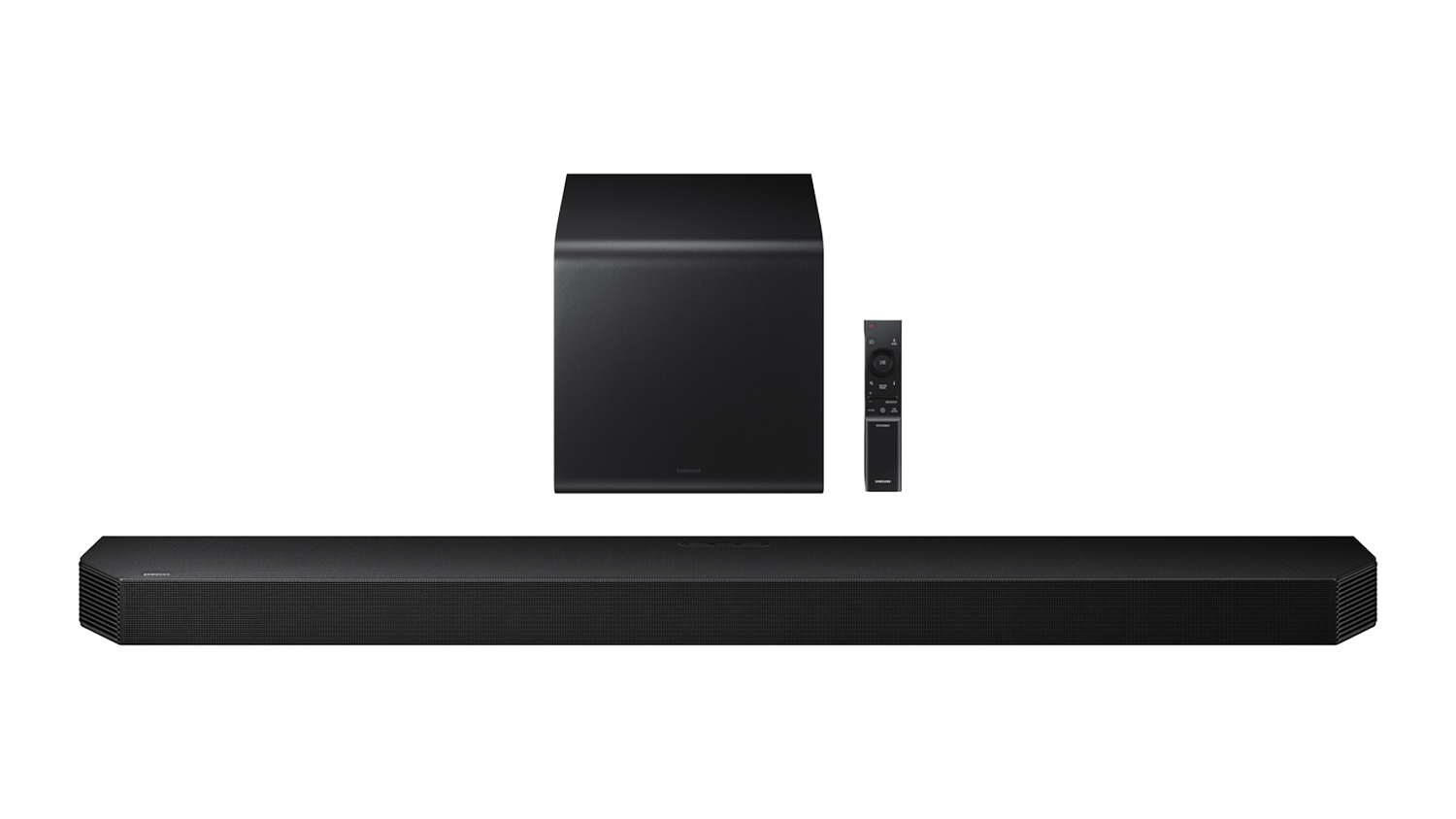 A black soundbar with wireless subwoofer and slim remote control displayed side by side