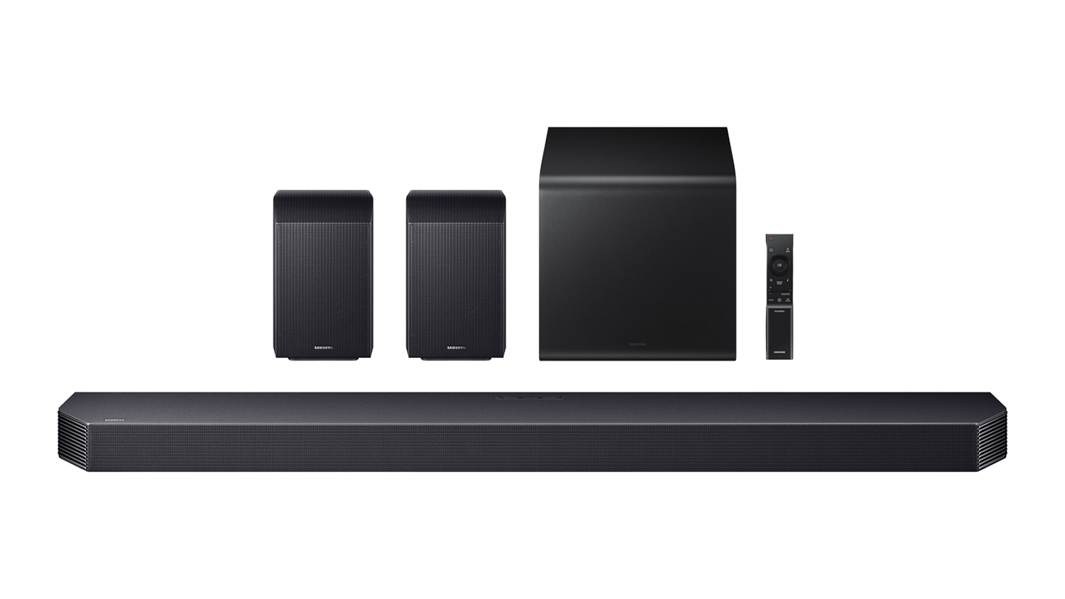 Front view of a complete home audio system featuring a soundbar, two rear speakers, a subwoofer, and a slim remote