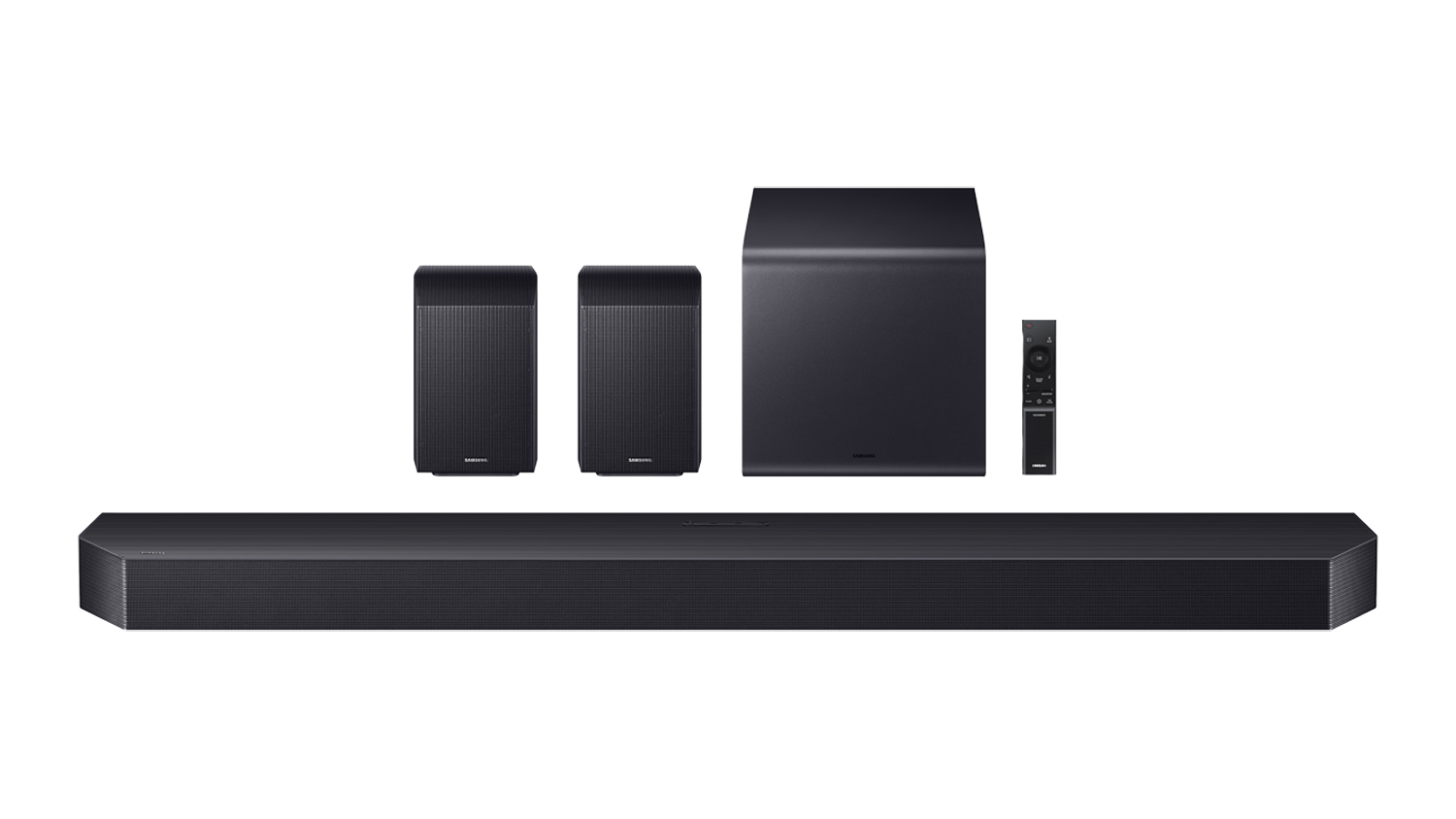 A front view of a wide black soundbar flanked by two compact rear speakers and a wireless subwoofer