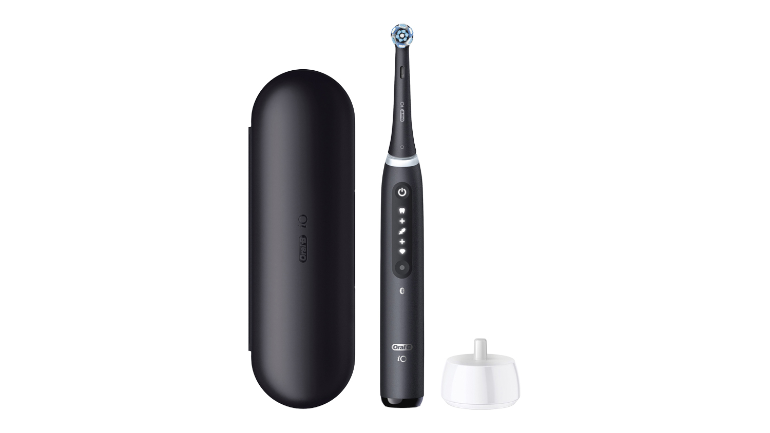 Oral-B iO5 electric toothbrush with travel case and charging base, shown upright