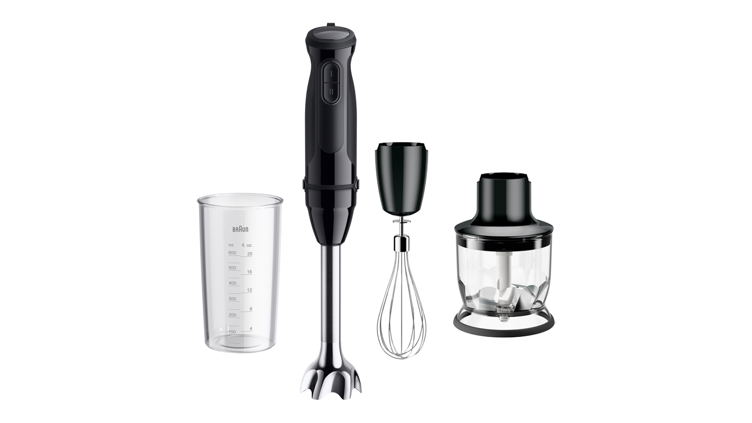 Braun MultiQuick 3 900W hand stick blender with beaker, whisk, and chopper attachments