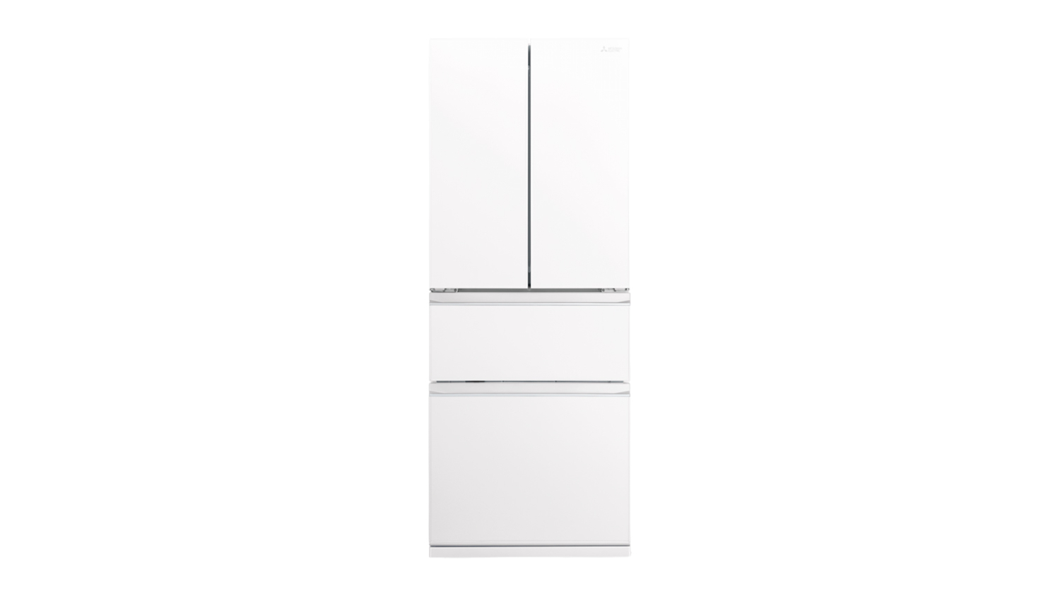Front view of a modern white Mitsubishi Electric LX Slim Series 442L multi-drawer fridge freezer with double top doors and two bottom freezer drawers