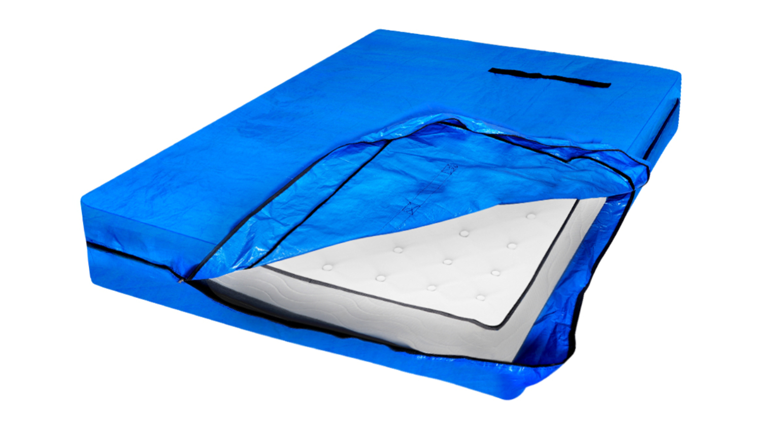 Blue zippered Dreamz PE tarpaulin mattress storage bag partially open, revealing a white mattress inside