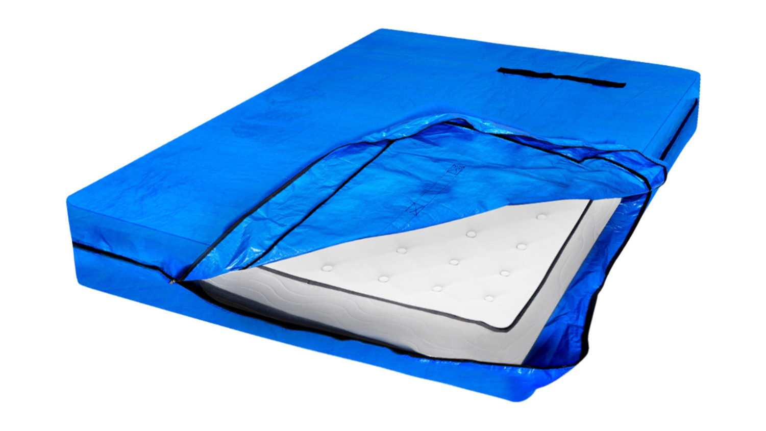 Blue Dreamz PE Tarpaulin mattress storage bag partially unzipped, showing a white mattress inside