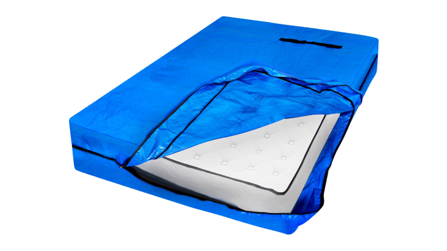Blue zippered Dreamz PE tarpaulin mattress storage bag partially open, showing a white mattress inside