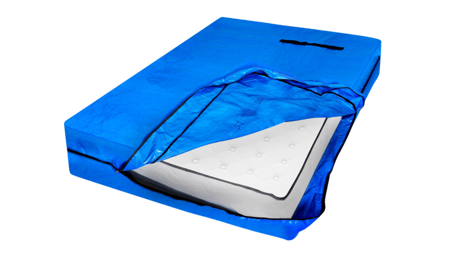 Blue Dreamz PE tarpaulin mattress storage bag, partially unzipped, revealing a white mattress inside